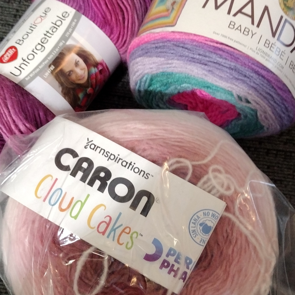 Assortment Of Yarns. Caron Cloud Cake, Lions Brand Mandala And Red Heart